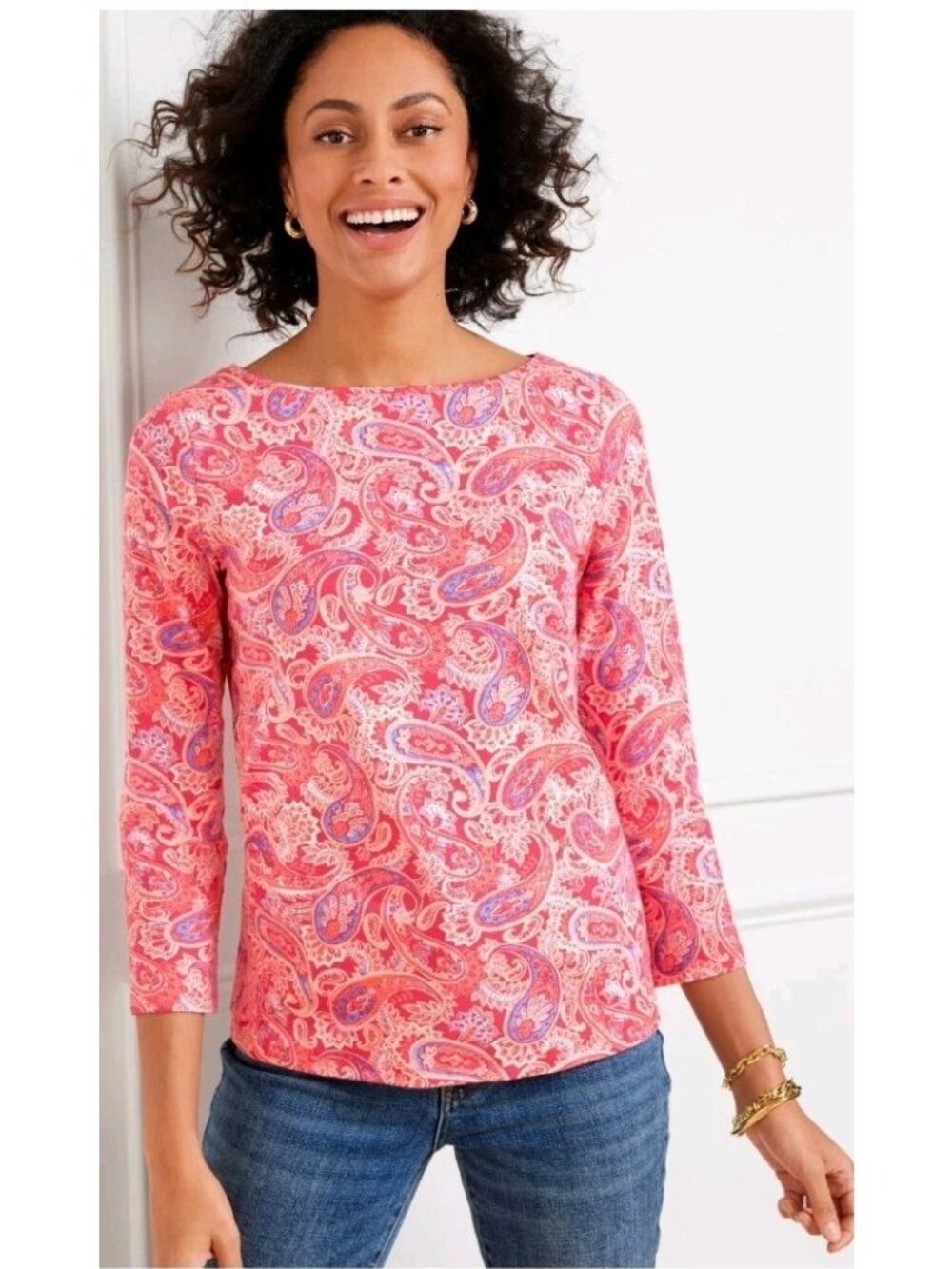 Talbots Bateau Neck Tee Tossed Paisley 3/4 Sleeves XL Pink White Blue NWT